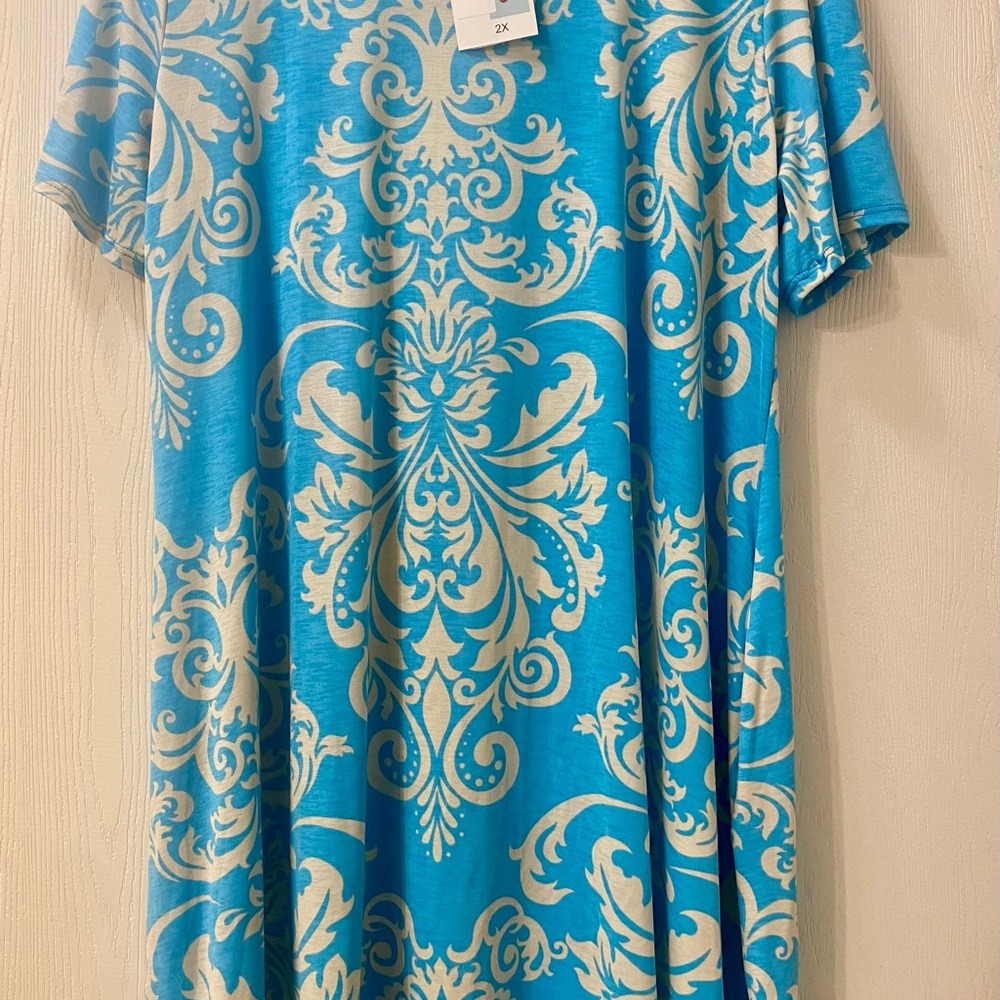 Blue and Cream Damask Dress with pockets